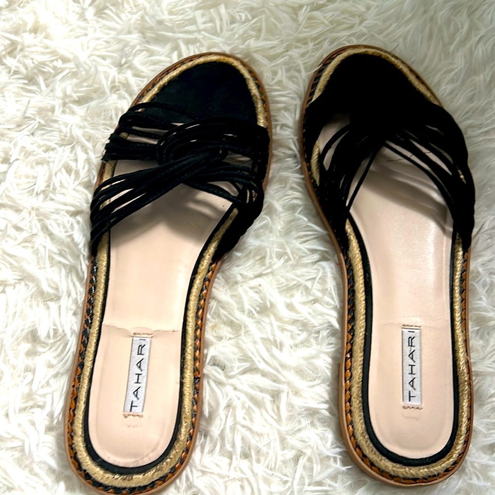 Tahari Cailyn Slides Black Strappy Braided Flip Flop Sandals